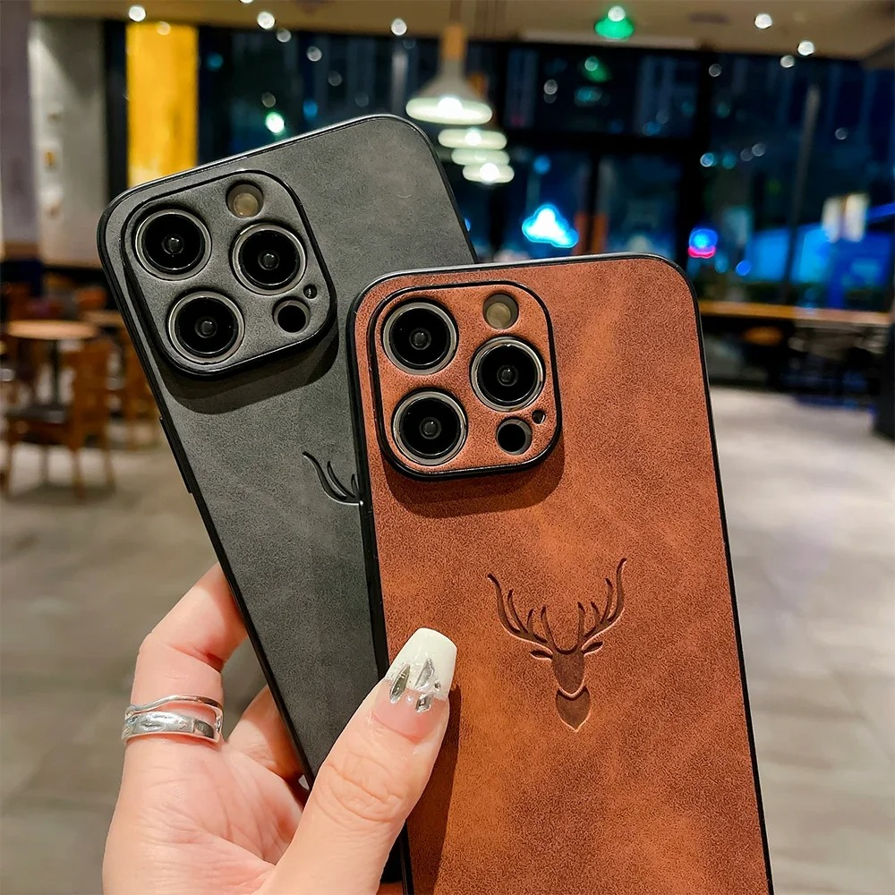 Luxury iPhone Case — Embossed Deer PU Leather Full-Coverage Shell with Anti-Fingerprint Anti-Scratch Protection & All-Round Camera Guard Design