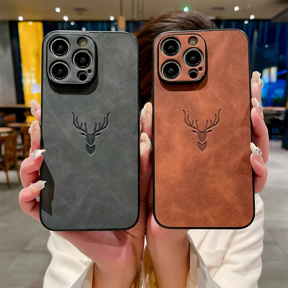 Luxury iPhone Case — Embossed Deer PU Leather Full-Coverage Shell with Anti-Fingerprint Anti-Scratch Protection & All-Round Camera Guard Design