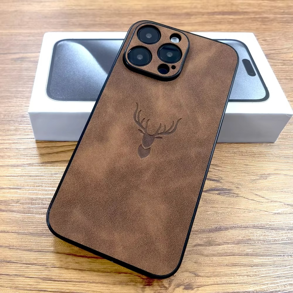 Luxury iPhone Case — Embossed Deer PU Leather Full-Coverage Shell with Anti-Fingerprint Anti-Scratch Protection & All-Round Camera Guard Design