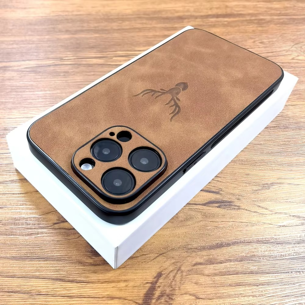 Luxury iPhone Case — Embossed Deer PU Leather Full-Coverage Shell with Anti-Fingerprint Anti-Scratch Protection & All-Round Camera Guard Design