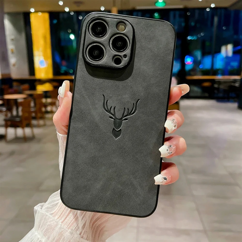 Luxury iPhone Case — Embossed Deer PU Leather Full-Coverage Shell with Anti-Fingerprint Anti-Scratch Protection & All-Round Camera Guard Design