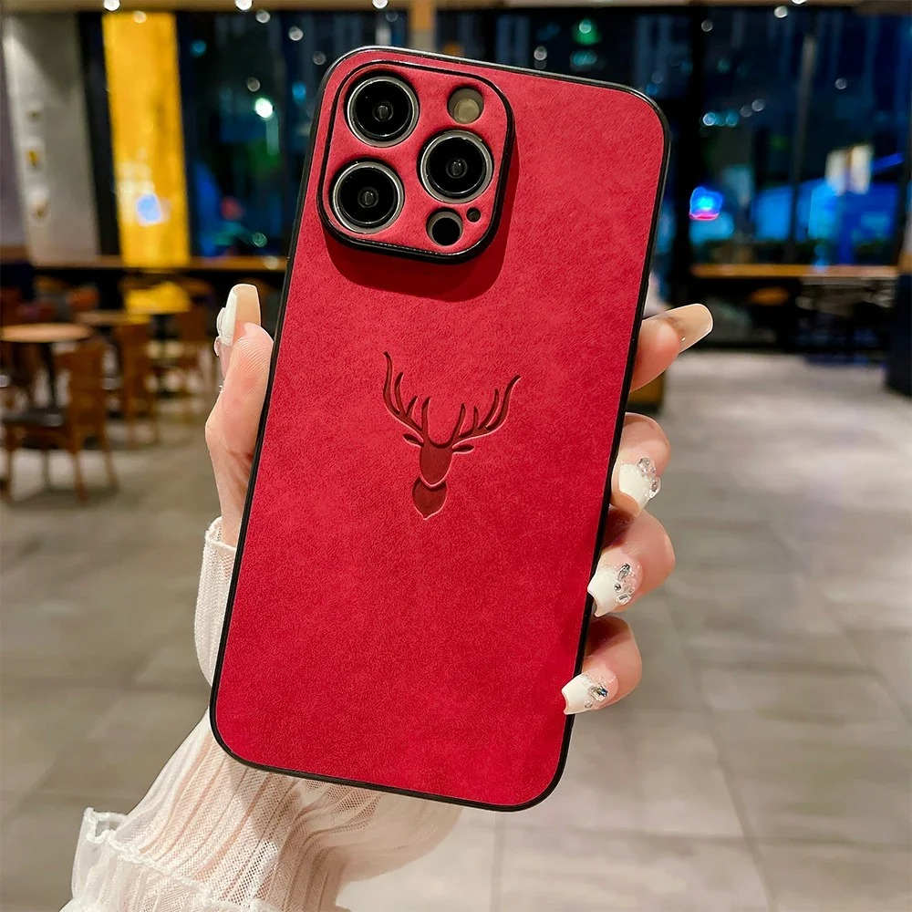 Luxury iPhone Case — Embossed Deer PU Leather Full-Coverage Shell with Anti-Fingerprint Anti-Scratch Protection & All-Round Camera Guard Design