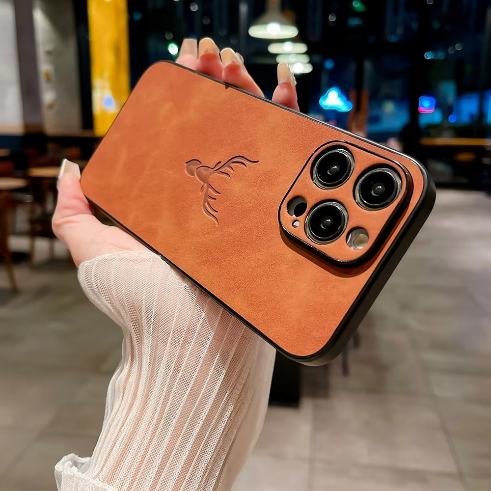 Luxury iPhone Case — Embossed Deer PU Leather Full-Coverage Shell with Anti-Fingerprint Anti-Scratch Protection & All-Round Camera Guard Design