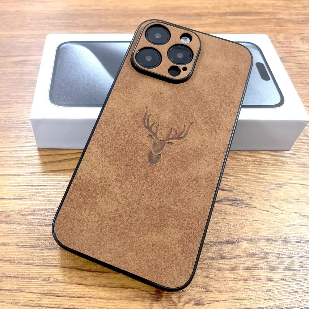 Luxury iPhone Case — Embossed Deer PU Leather Full-Coverage Shell with Anti-Fingerprint Anti-Scratch Protection & All-Round Camera Guard Design