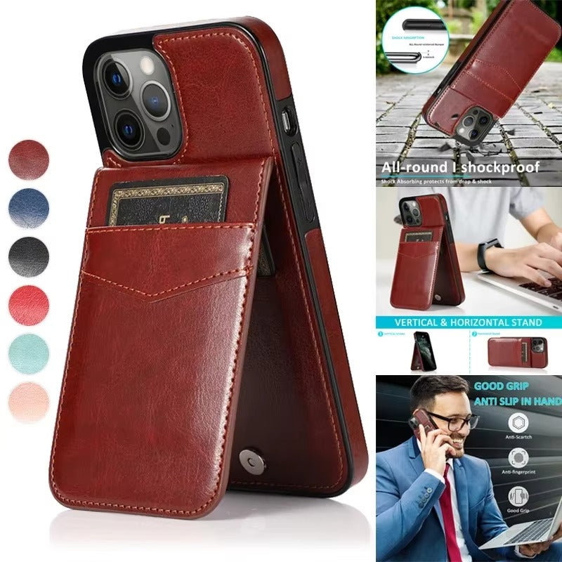 Luxury iPhone Case — Flip Stand Wallet with Card Holder, Retro Leather Cover, Shockproof Anti-Fingerprint Protection, Full Access Design