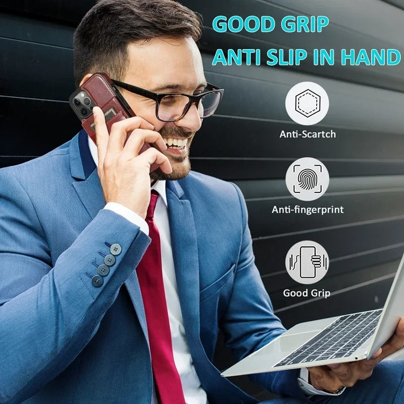 Luxury iPhone Case — Flip Stand Wallet with Card Holder, Retro Leather Cover, Shockproof Anti-Fingerprint Protection, Full Access Design