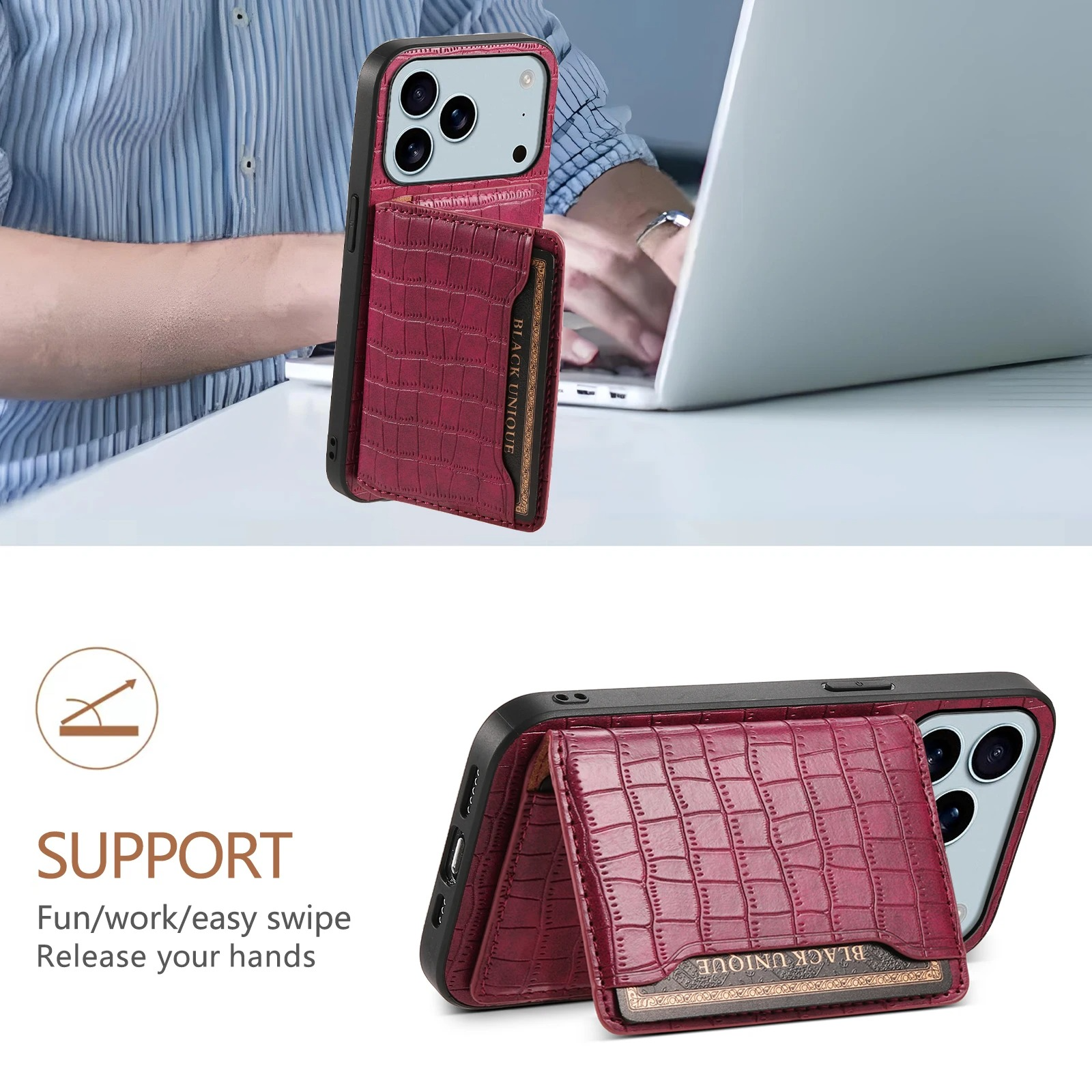 Luxury iPhone Case — Frosted PU Leather Stand Cover with Card Holder, Storage Compartment and Minimal Half-Wrapped Design