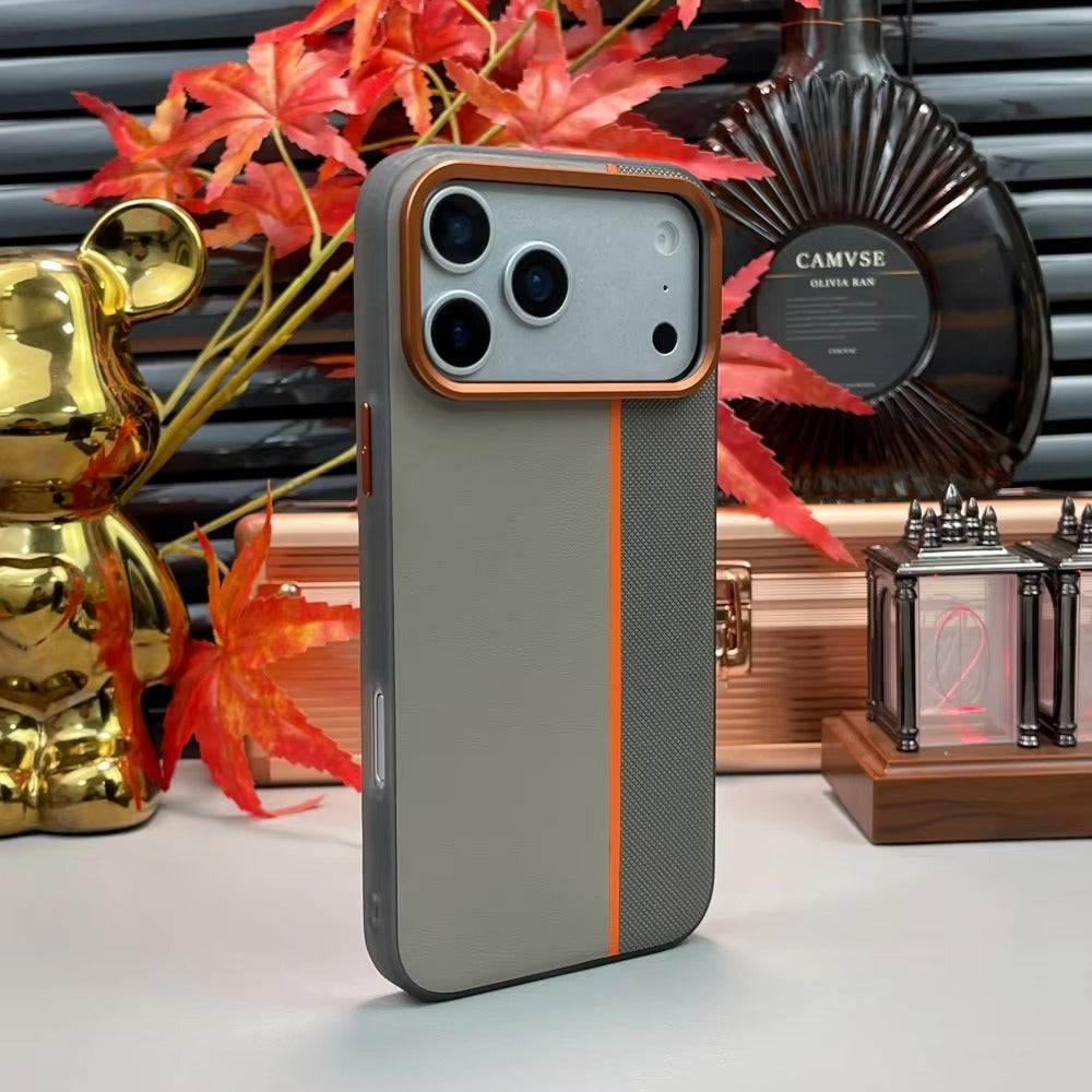 Luxury iPhone Case — Frosted PU Leather Texture MagSafe Armor Cover with Alloy Lens Protection, Matte Anti-Fingerprint Finish and Shockproof TPU Edge Design