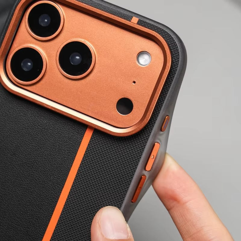 Luxury iPhone Case — Frosted PU Leather Texture MagSafe Armor Cover with Alloy Lens Protection, Matte Anti-Fingerprint Finish and Shockproof TPU Edge Design