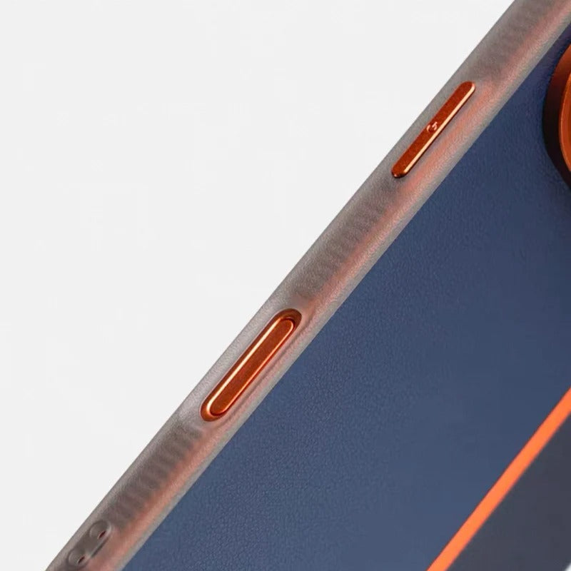 Luxury iPhone Case — Frosted PU Leather Texture MagSafe Armor Cover with Alloy Lens Protection, Matte Anti-Fingerprint Finish and Shockproof TPU Edge Design