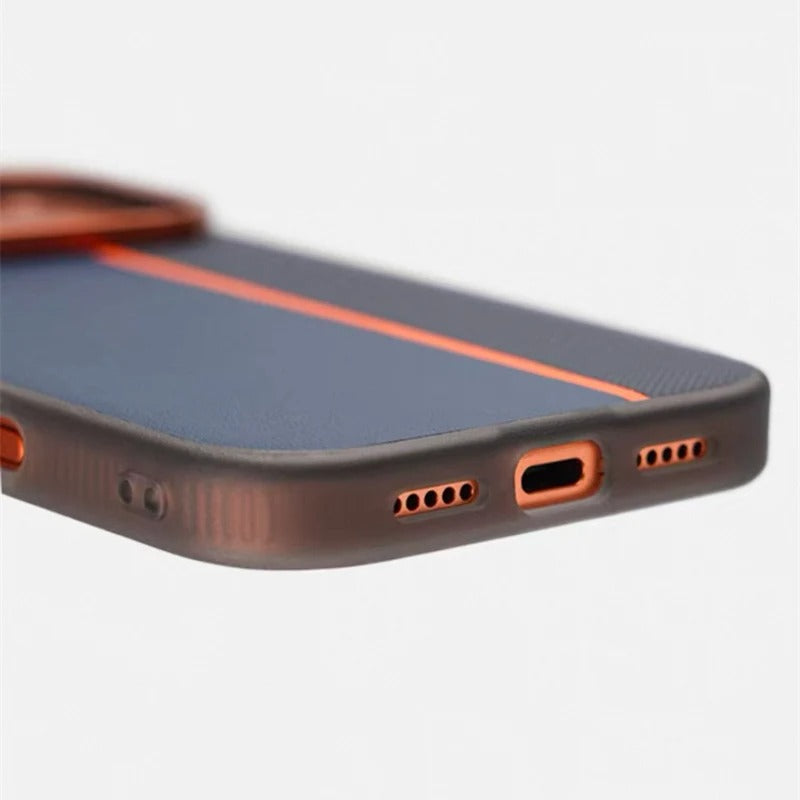 Luxury iPhone Case — Frosted PU Leather Texture MagSafe Armor Cover with Alloy Lens Protection, Matte Anti-Fingerprint Finish and Shockproof TPU Edge Design