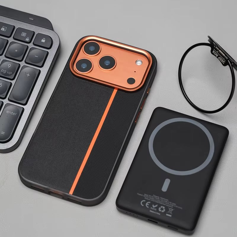 Luxury iPhone Case — Frosted PU Leather Texture MagSafe Armor Cover with Alloy Lens Protection, Matte Anti-Fingerprint Finish and Shockproof TPU Edge Design