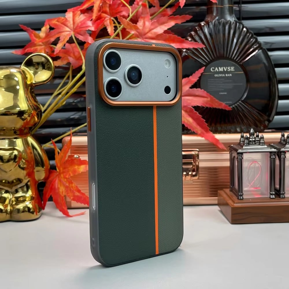 Luxury iPhone Case — Frosted PU Leather Texture MagSafe Armor Cover with Alloy Lens Protection, Matte Anti-Fingerprint Finish and Shockproof TPU Edge Design