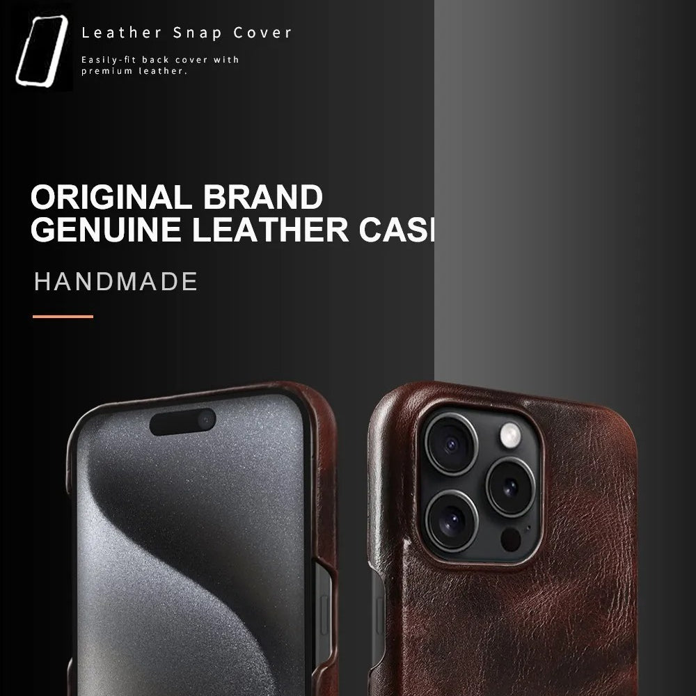 Luxury iPhone Case — Genuine Cowhide Leather Back Cover with Retro Vintage Design, Shockproof PC Protection and Raised Camera Lips