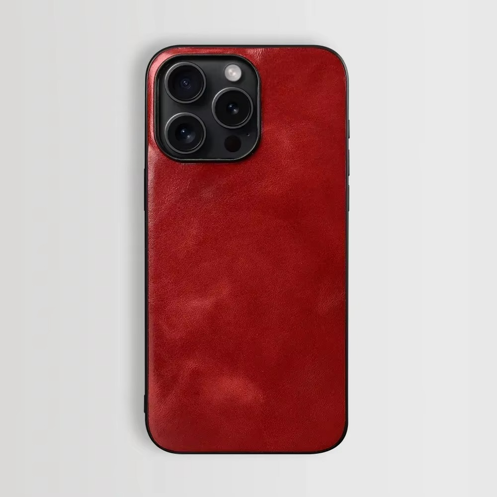 Luxury iPhone Case — Genuine Cowhide Leather Back Cover with Retro Vintage Design, Shockproof PC Protection and Raised Camera Lips