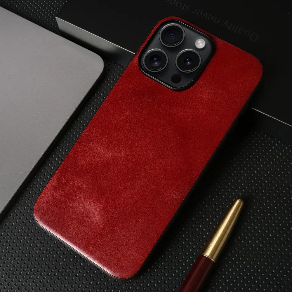 Luxury iPhone Case — Genuine Cowhide Leather Back Cover with Retro Vintage Design, Shockproof PC Protection and Raised Camera Lips