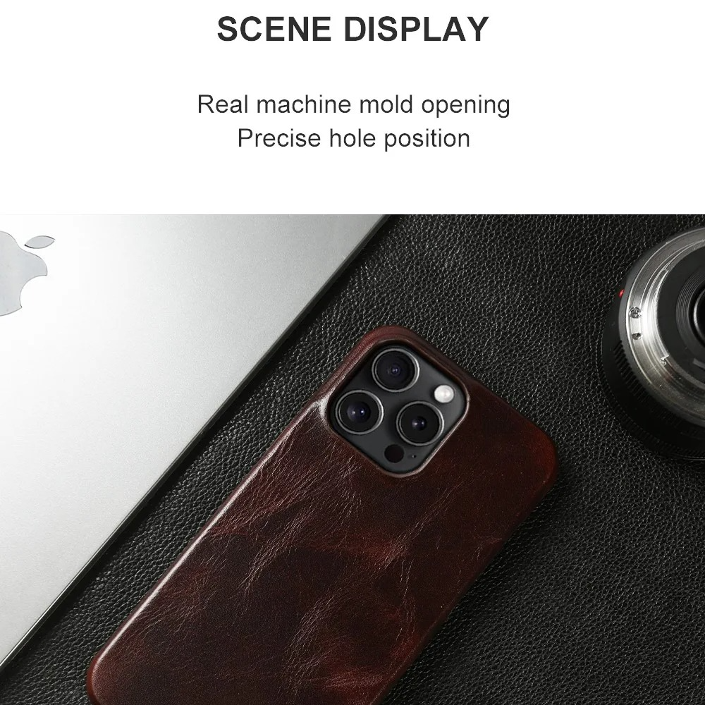 Luxury iPhone Case — Genuine Cowhide Leather Back Cover with Retro Vintage Design, Shockproof PC Protection and Raised Camera Lips