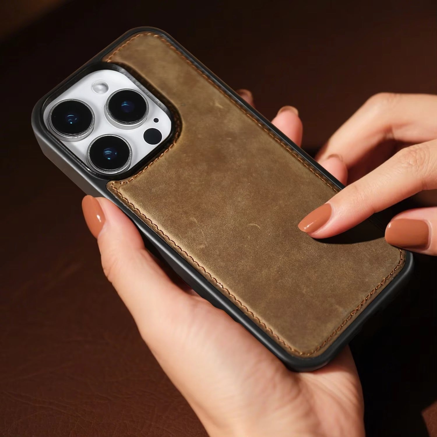 Luxury iPhone Case — Genuine Crazy Horse Leather Cover with Shockproof Full-Protection Design, Anti-Fingerprint Finish and Raised Camera Lips