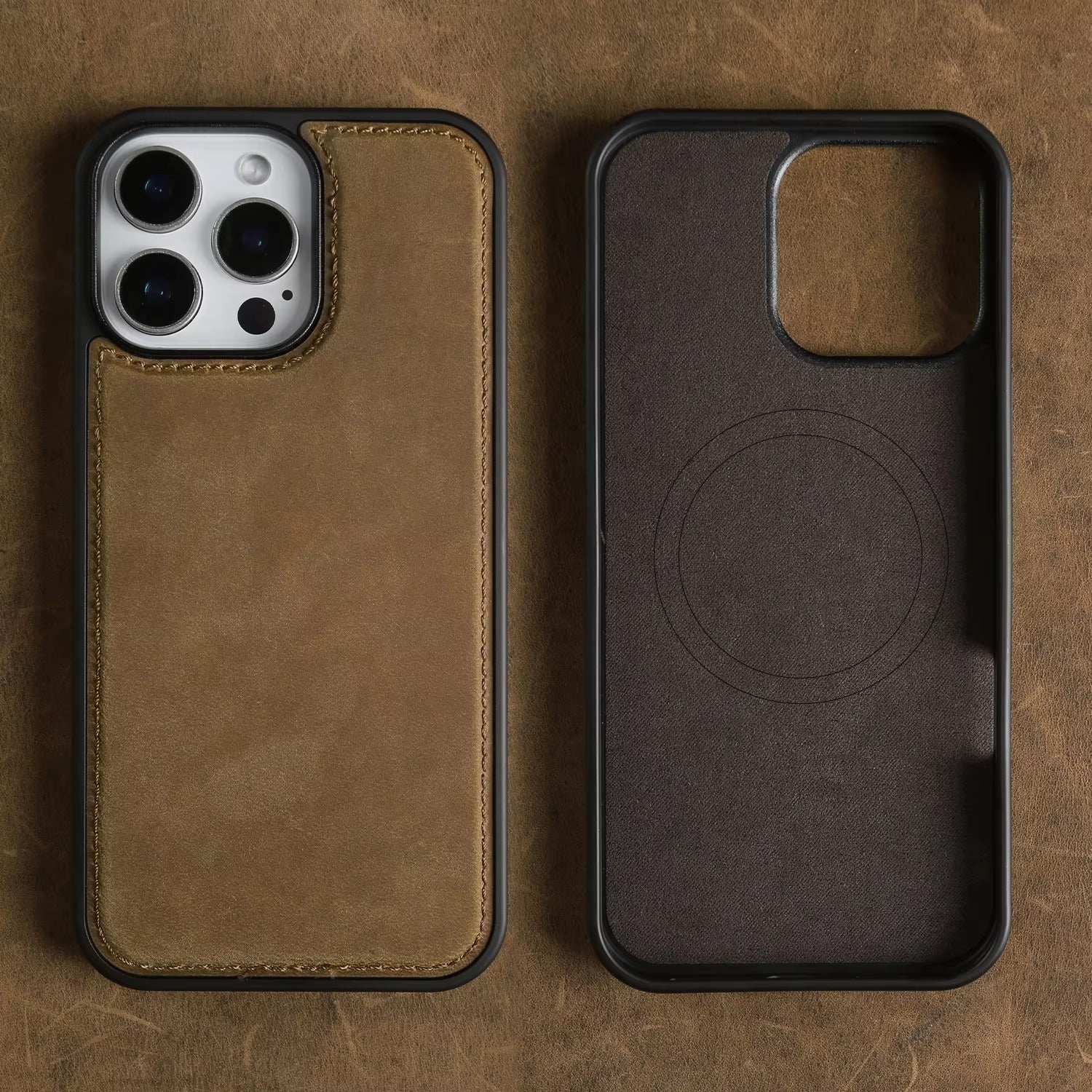 Luxury iPhone Case — Genuine Crazy Horse Leather Cover with Shockproof Full-Protection Design, Anti-Fingerprint Finish and Raised Camera Lips