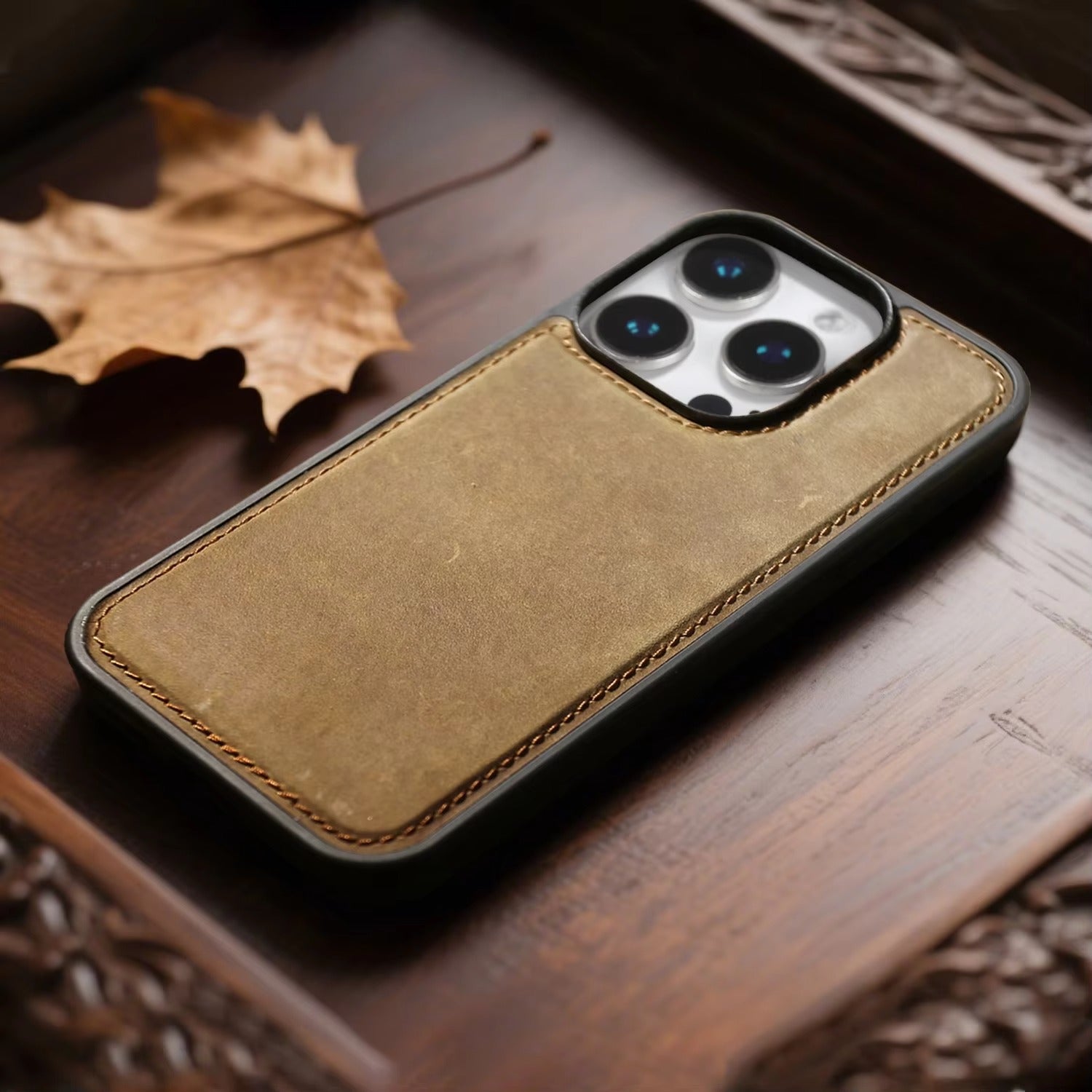 Luxury iPhone Case — Genuine Crazy Horse Leather Cover with Shockproof Full-Protection Design, Anti-Fingerprint Finish and Raised Camera Lips