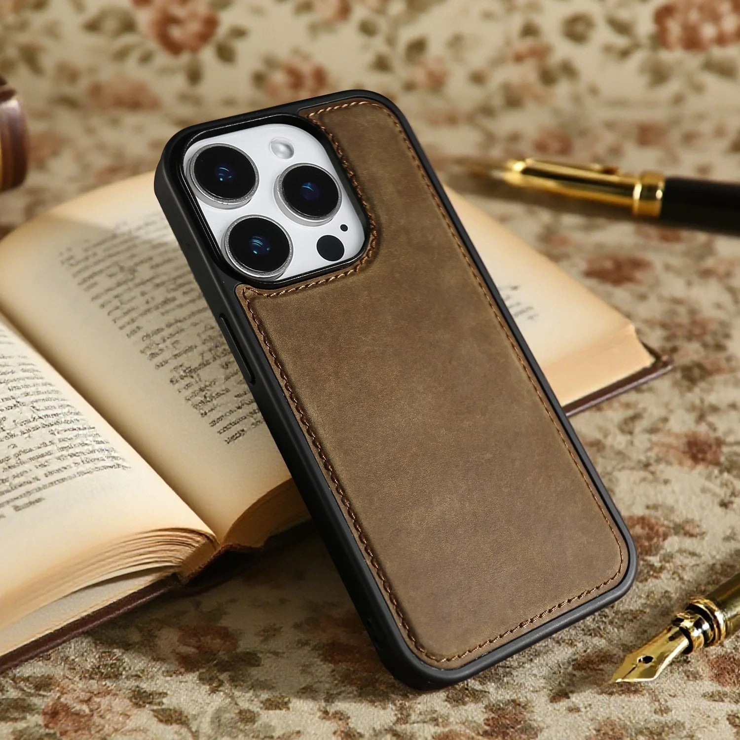 Luxury iPhone Case — Genuine Crazy Horse Leather Cover with Shockproof Full-Protection Design, Anti-Fingerprint Finish and Raised Camera Lips