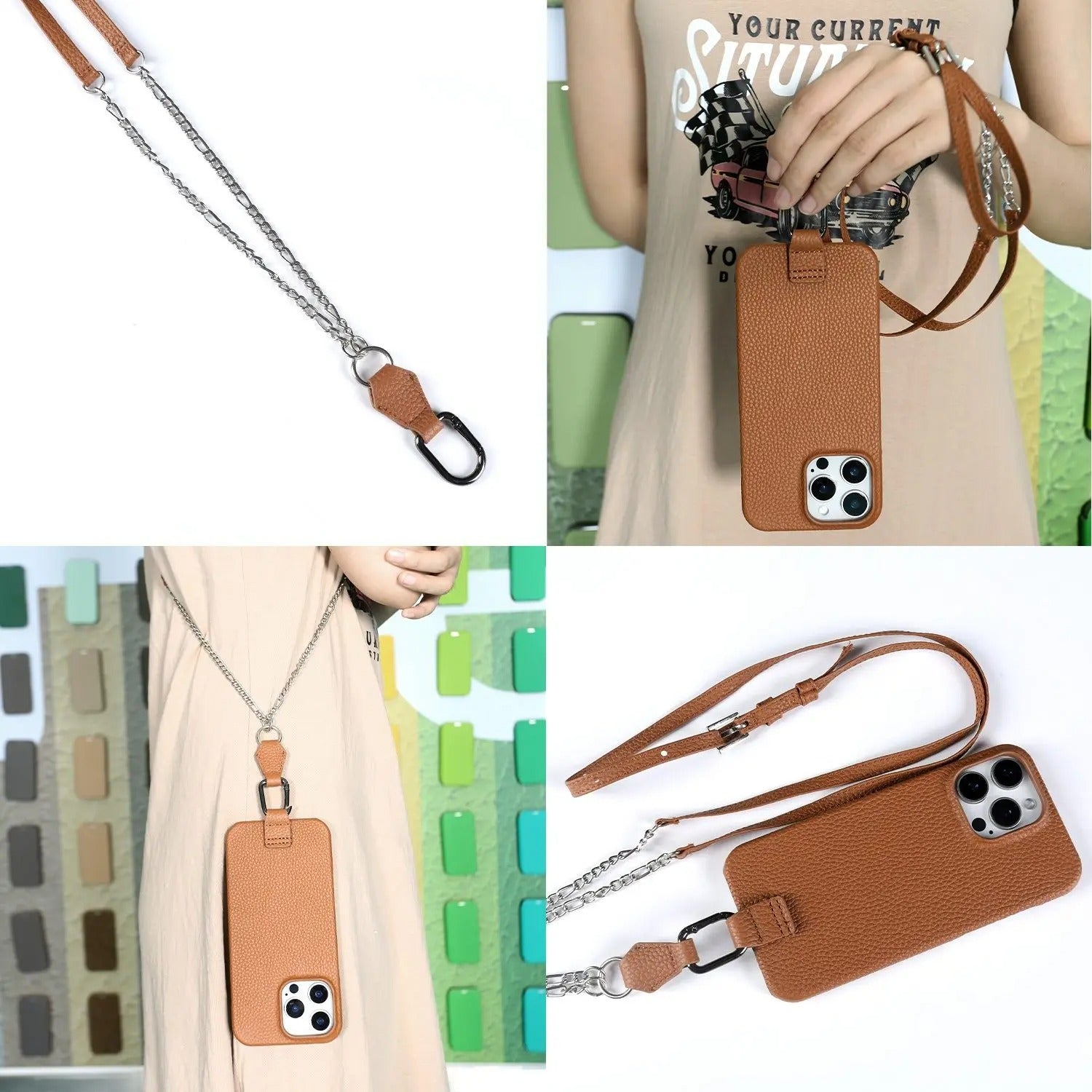 Luxury iPhone Case — Genuine Leather Crossbody Cover with Metal Strap Sling, Shockproof Protective Design and Premium Anti-Slip Finish