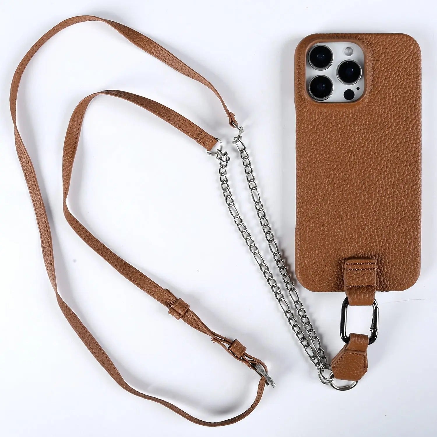 Luxury iPhone Case — Genuine Leather Crossbody Cover with Metal Strap Sling, Shockproof Protective Design and Premium Anti-Slip Finish