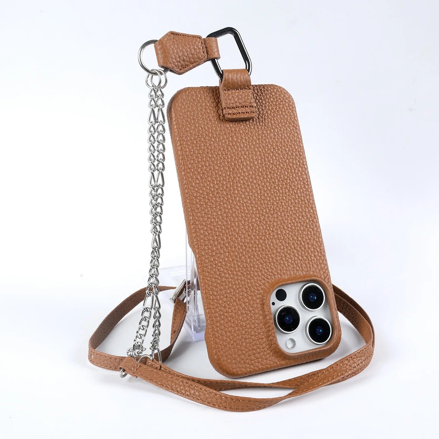 Luxury iPhone Case — Genuine Leather Crossbody Cover with Metal Strap Sling, Shockproof Protective Design and Premium Anti-Slip Finish