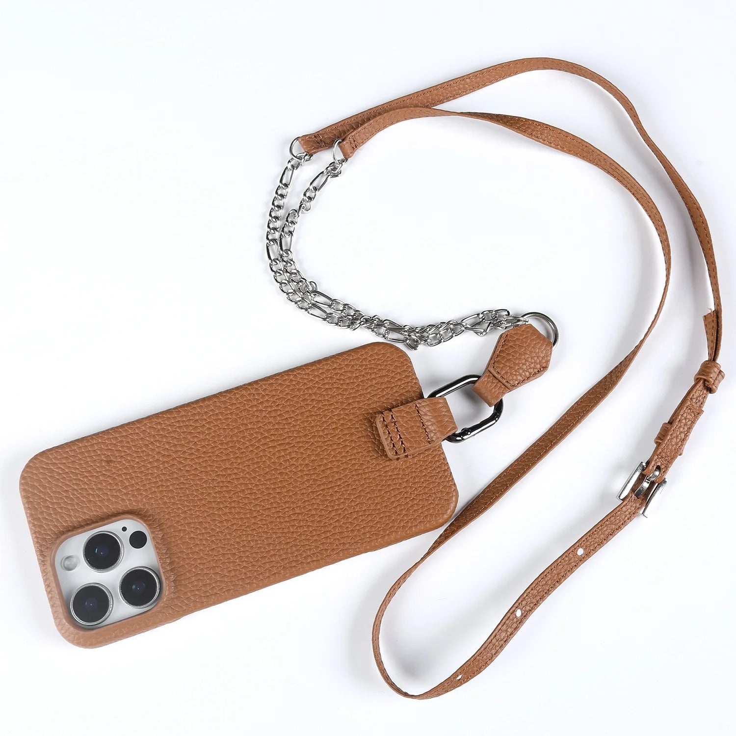 Luxury iPhone Case — Genuine Leather Crossbody Cover with Metal Strap Sling, Shockproof Protective Design and Premium Anti-Slip Finish