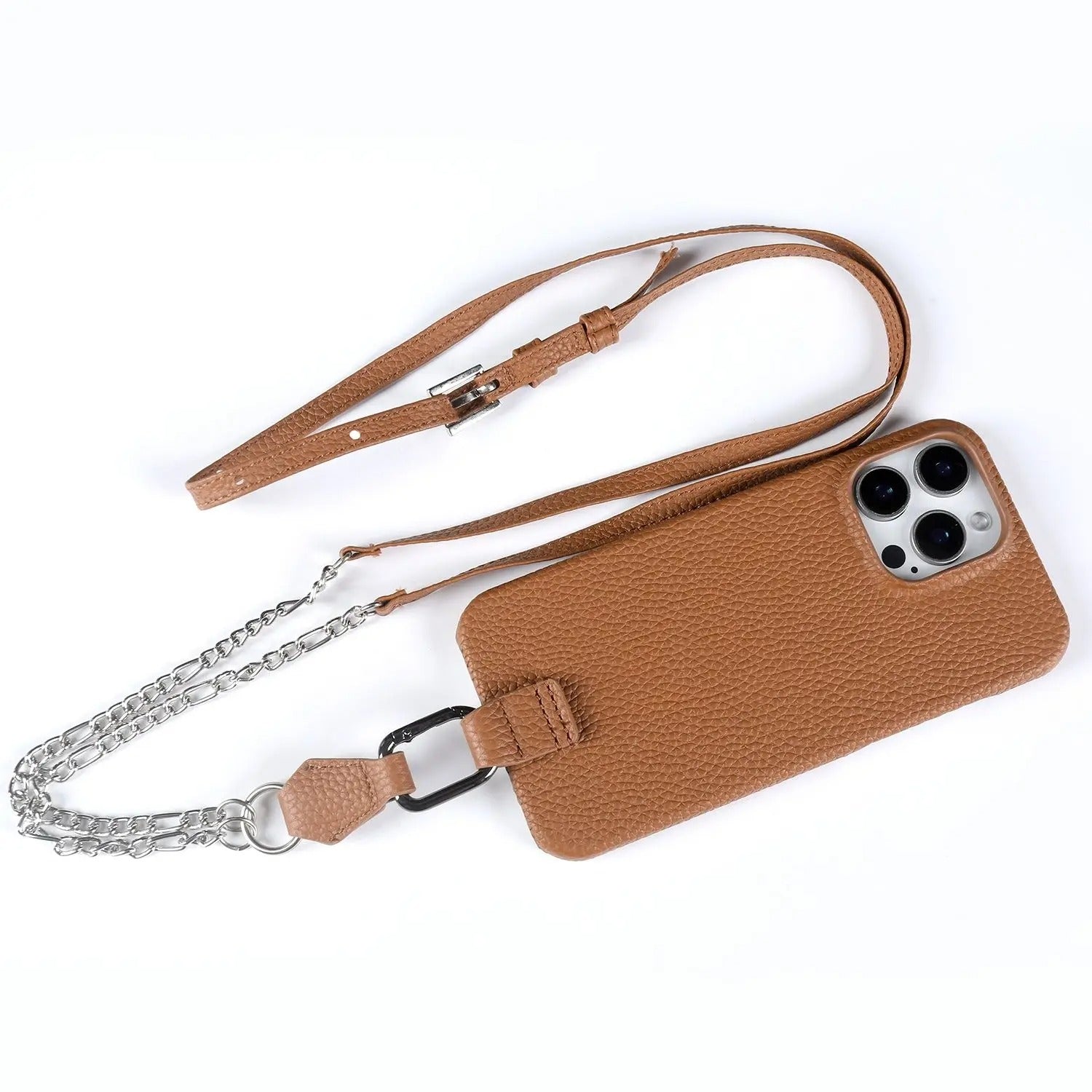 Luxury iPhone Case — Genuine Leather Crossbody Cover with Metal Strap Sling, Shockproof Protective Design and Premium Anti-Slip Finish