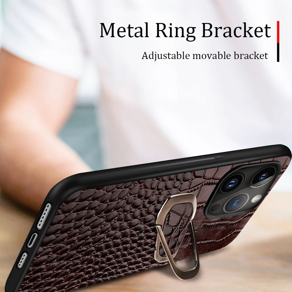 Luxury iPhone Case — Genuine Leather Full-Coverage Back Cover with Ring Stand, Anti-Fingerprint Anti-Scratch Protection & Slim Elegant Design