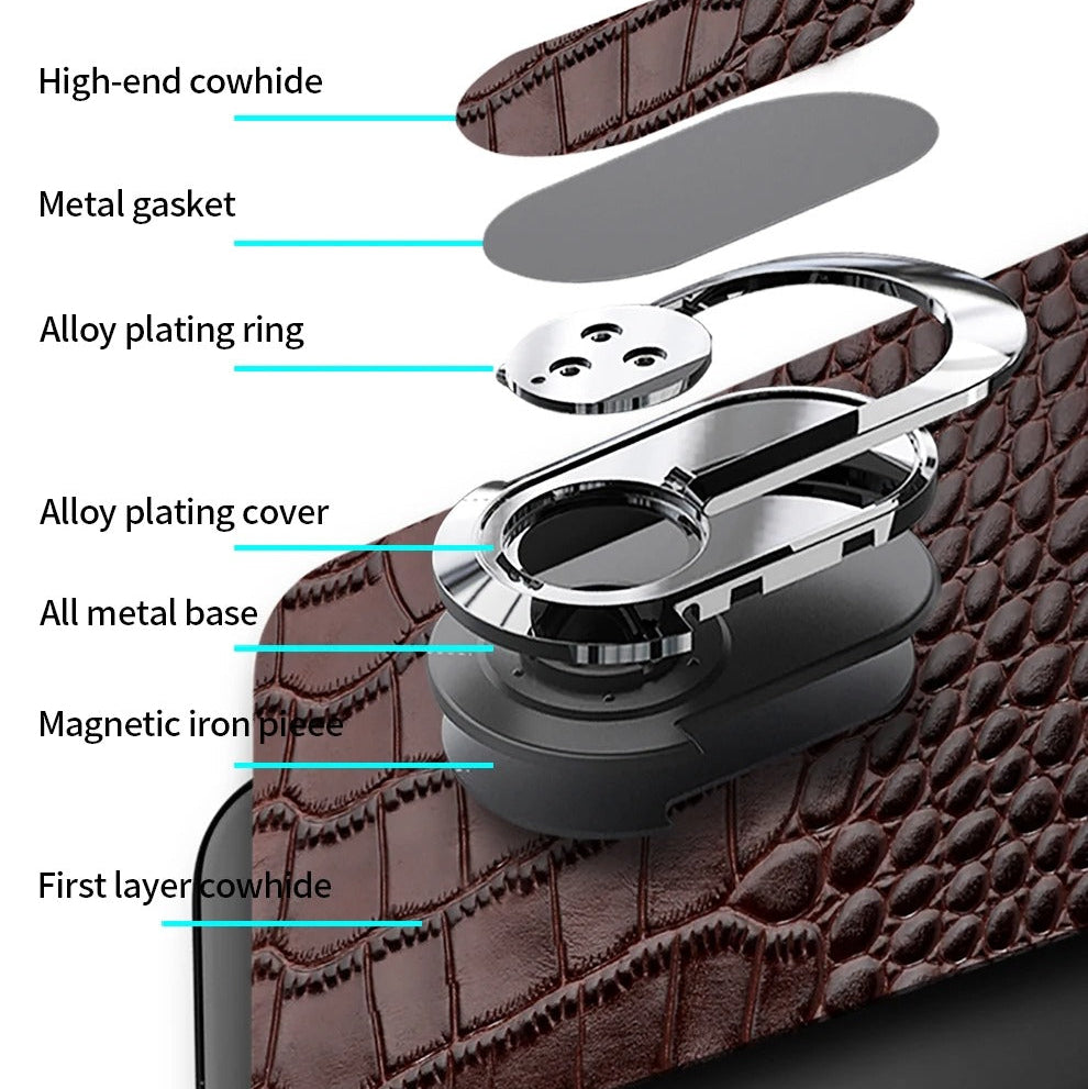 Luxury iPhone Case — Genuine Leather Full-Coverage Back Cover with Ring Stand, Anti-Fingerprint Anti-Scratch Protection & Slim Elegant Design