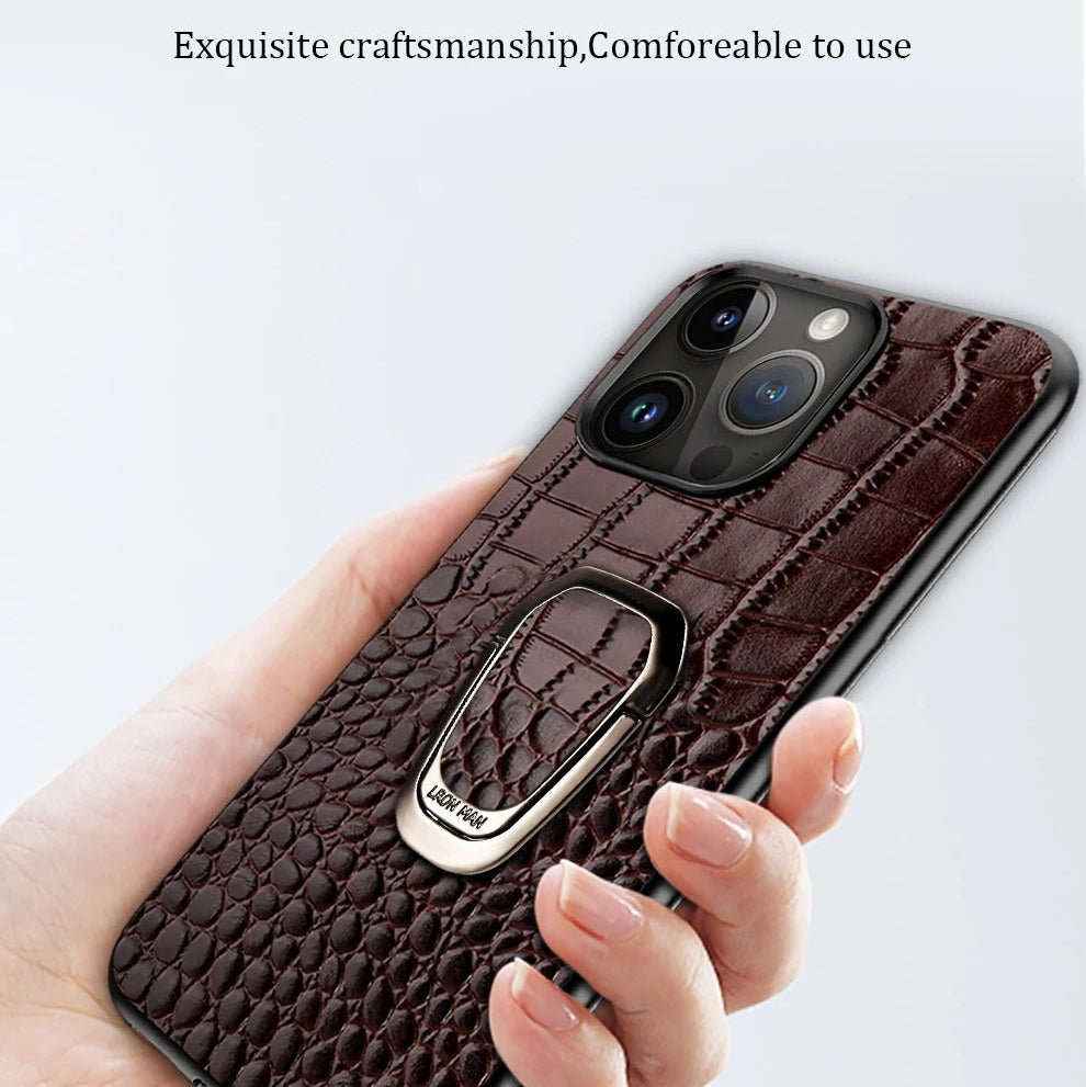 Luxury iPhone Case — Genuine Leather Full-Coverage Back Cover with Ring Stand, Anti-Fingerprint Anti-Scratch Protection & Slim Elegant Design