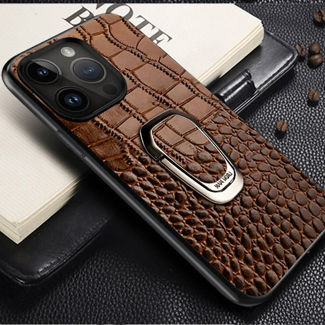 Luxury iPhone Case — Genuine Leather Full-Coverage Back Cover with Ring Stand, Anti-Fingerprint Anti-Scratch Protection & Slim Elegant Design