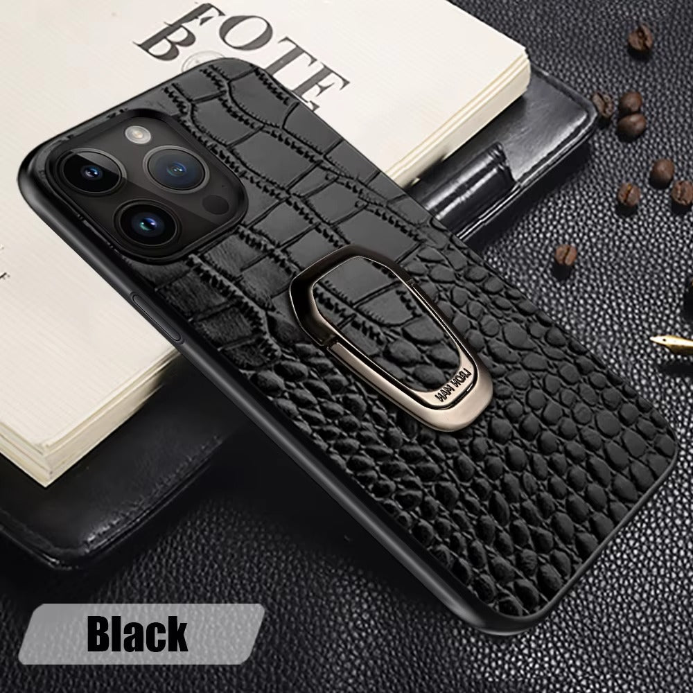 Luxury iPhone Case — Genuine Leather Full-Coverage Back Cover with Ring Stand, Anti-Fingerprint Anti-Scratch Protection & Slim Elegant Design