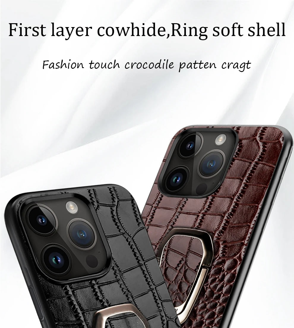 Luxury iPhone Case — Genuine Leather Full-Coverage Back Cover with Ring Stand, Anti-Fingerprint Anti-Scratch Protection & Slim Elegant Design