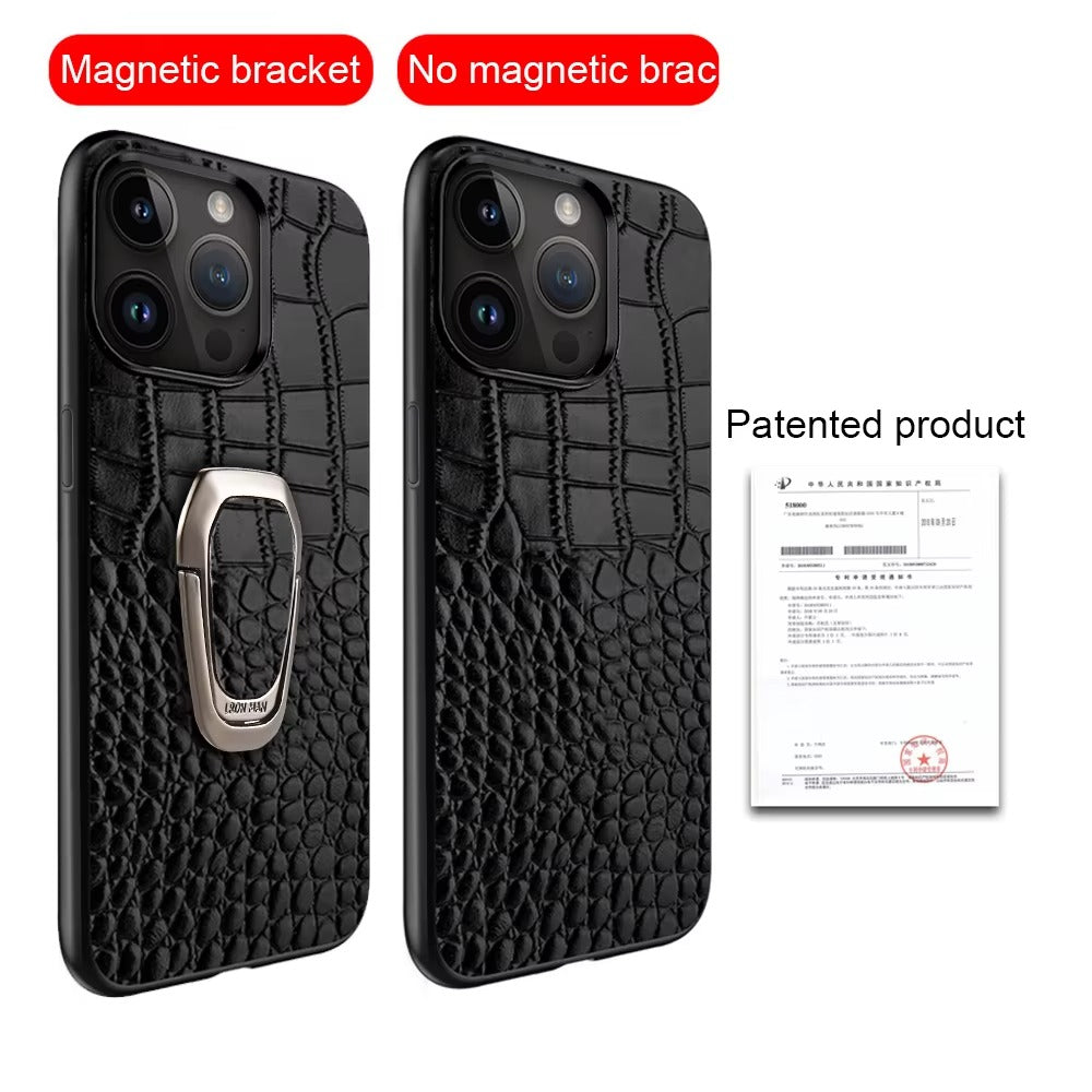 Luxury iPhone Case — Genuine Leather Full-Coverage Back Cover with Ring Stand, Anti-Fingerprint Anti-Scratch Protection & Slim Elegant Design