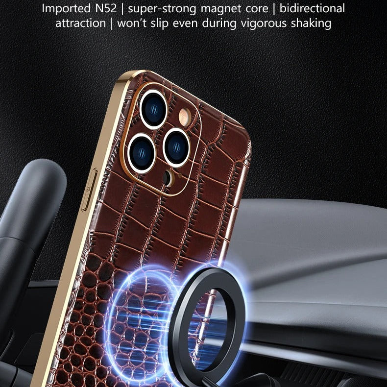 Luxury iPhone Case — Genuine Leather MagSafe Cover with 38-Magnet Wireless Charging Support, Full-Coverage Anti-Scratch Protection & Soft TPU Shock-Resistant Edges