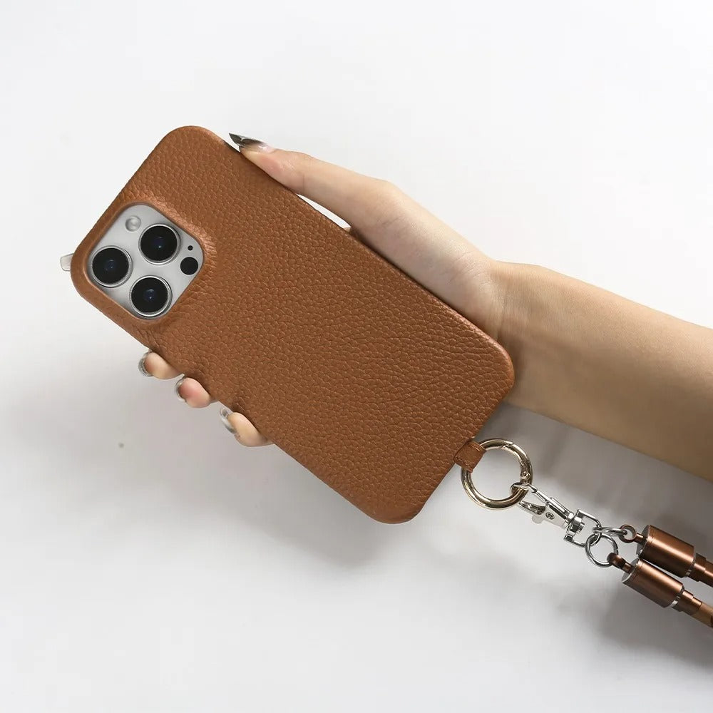Luxury iPhone Case — Genuine Leather MagSafe Cover with Lanyard USB Charging Strap, Full-Protection Design and Premium Anti-Fingerprint Finish