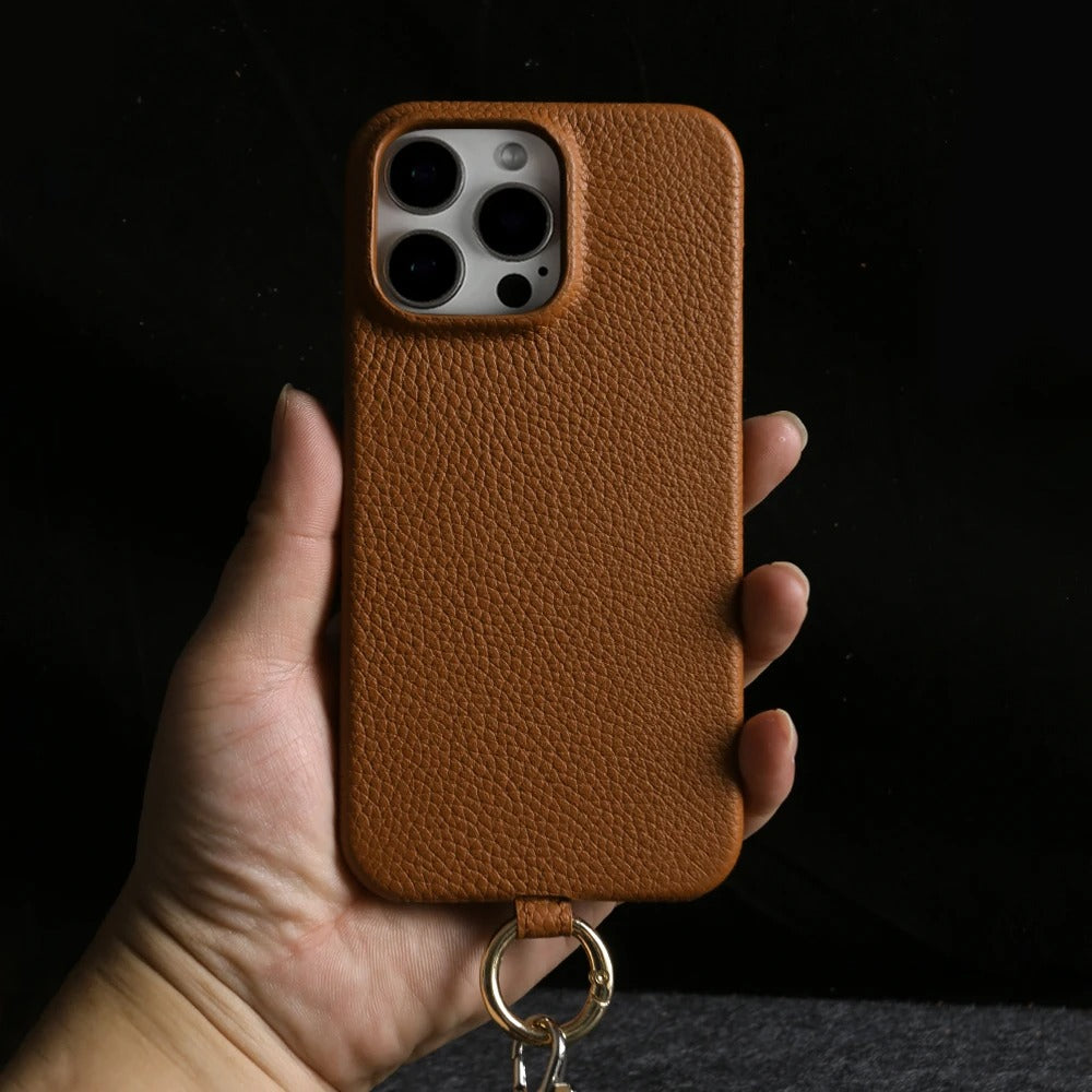 Luxury iPhone Case — Genuine Leather MagSafe Cover with Lanyard USB Charging Strap, Full-Protection Design and Premium Anti-Fingerprint Finish