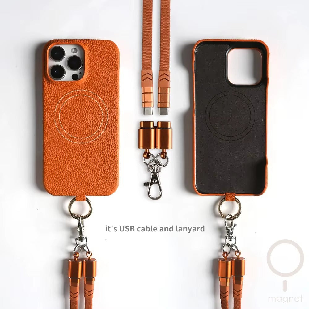 Luxury iPhone Case — Genuine Leather MagSafe Cover with Lanyard USB Charging Strap, Full-Protection Design and Premium Anti-Fingerprint Finish