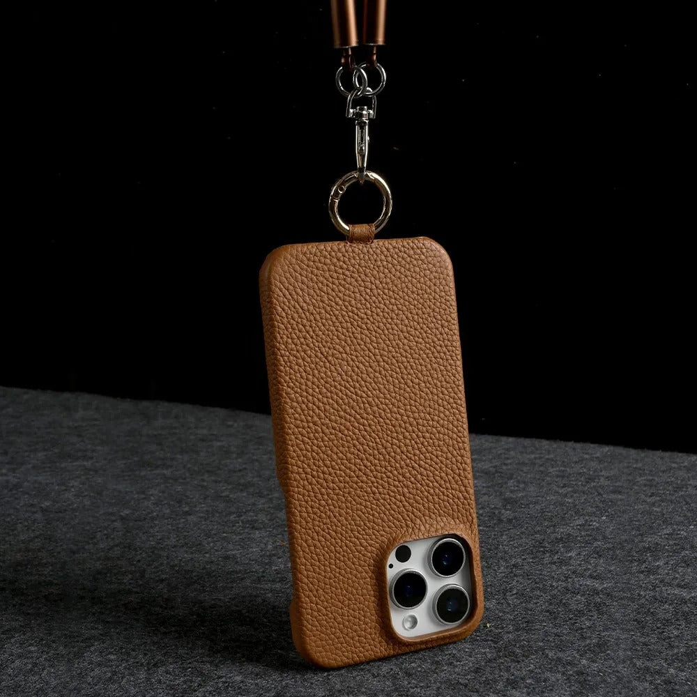 Luxury iPhone Case — Genuine Leather MagSafe Cover with Lanyard USB Charging Strap, Full-Protection Design and Premium Anti-Fingerprint Finish