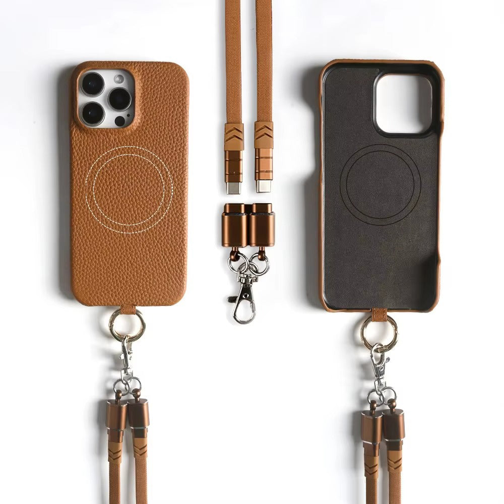 Luxury iPhone Case — Genuine Leather MagSafe Cover with Lanyard USB Charging Strap, Full-Protection Design and Premium Anti-Fingerprint Finish