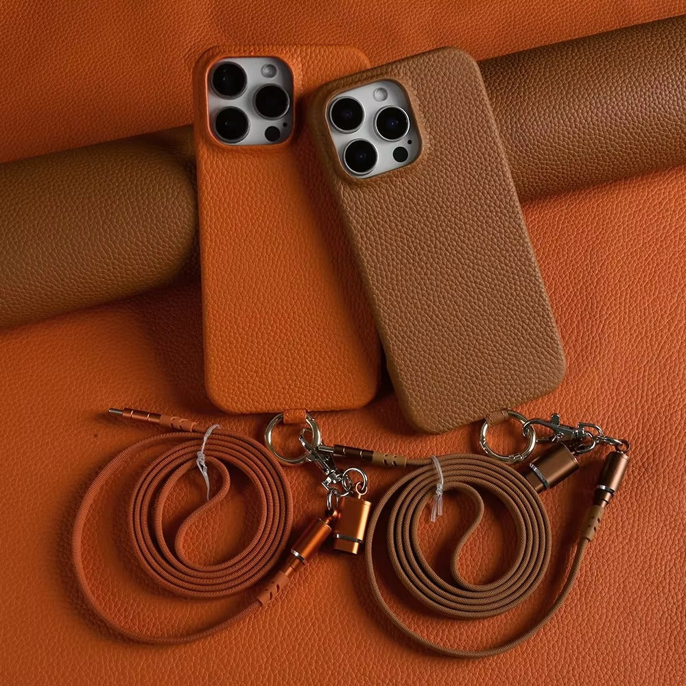 Luxury iPhone Case — Genuine Leather MagSafe Cover with Lanyard USB Charging Strap, Full-Protection Design and Premium Anti-Fingerprint Finish