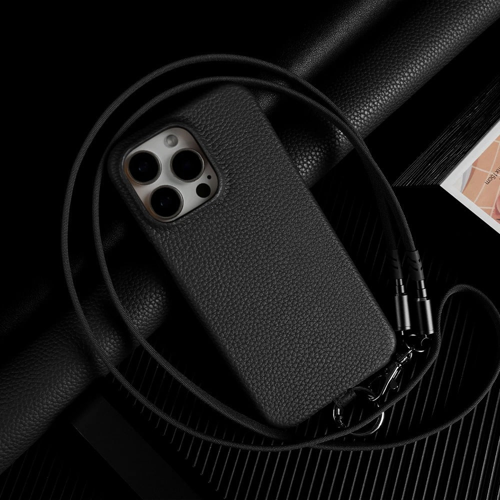 Luxury iPhone Case — Genuine Leather MagSafe Cover with Lanyard USB Charging Strap, Full-Protection Design and Premium Anti-Fingerprint Finish