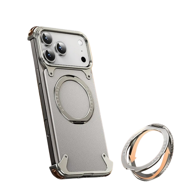 Luxury iPhone Case — Genuine Leather MagSafe Frameless Cover with 360° Rotating Magnetic Stand, Shockproof Anti-Drop Non-Slip Design