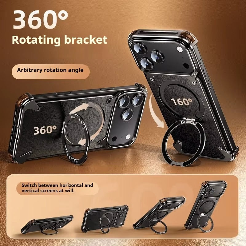 Luxury iPhone Case — Genuine Leather MagSafe Frameless Cover with 360° Rotating Magnetic Stand, Shockproof Anti-Drop Non-Slip Design