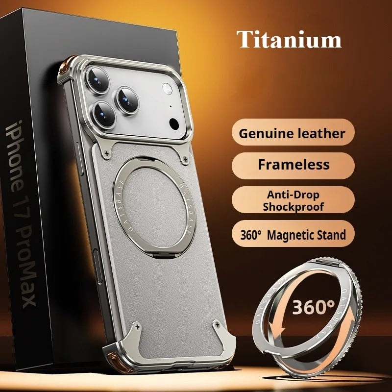 Luxury iPhone Case — Genuine Leather MagSafe Frameless Cover with 360° Rotating Magnetic Stand, Shockproof Anti-Drop Non-Slip Design