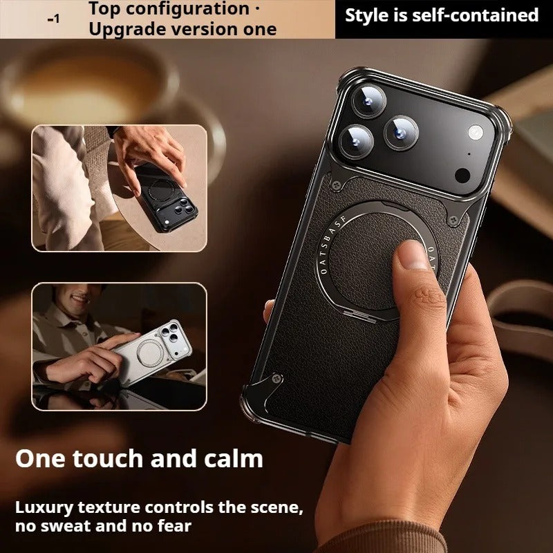 Luxury iPhone Case — Genuine Leather MagSafe Frameless Cover with 360° Rotating Magnetic Stand, Shockproof Anti-Drop Non-Slip Design