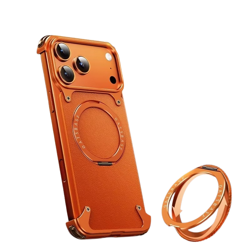 Luxury iPhone Case — Genuine Leather MagSafe Frameless Cover with 360° Rotating Magnetic Stand, Shockproof Anti-Drop Non-Slip Design